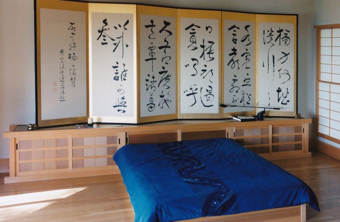 ширма в дизайне спальни в японском стиле
