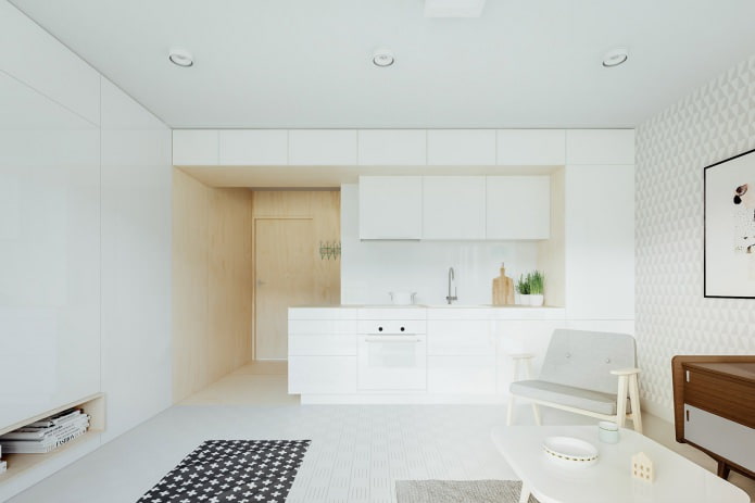 кухня в дизайне квартиры-студии 20 кв. м. в белых тонах