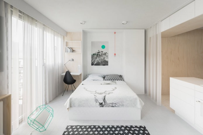 откидная кровать в дизайне квартиры-студии 20 кв. м. в белых тонах