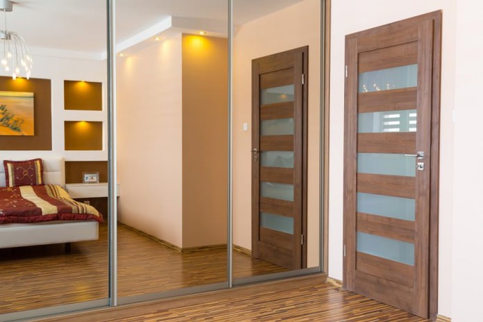 деревянная межкомнатная дверь с стеклянными вставками в интерьере спальни