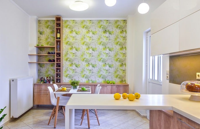 Зеленые обои на кухне в современном стиле