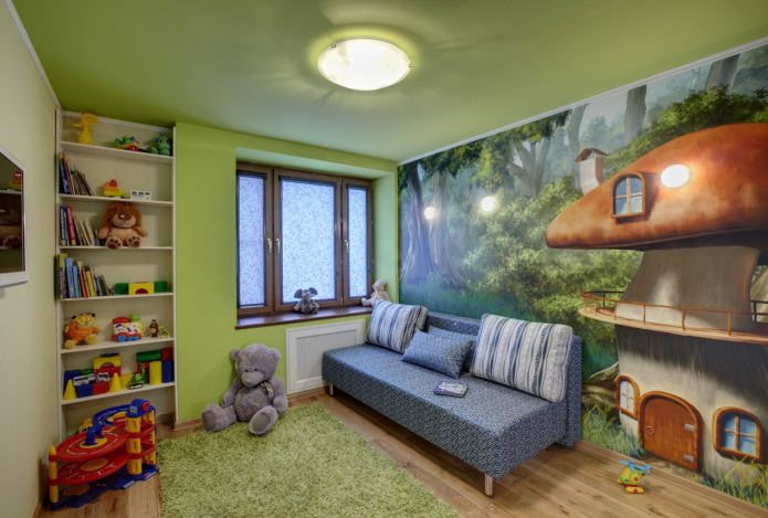 зеленый одноуровневый натяжной потолок в детской комнате