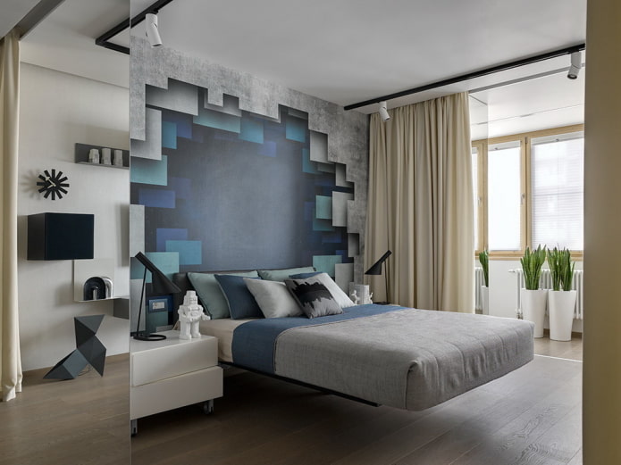 спальня в современном стиле с отделкой стен фотообоями