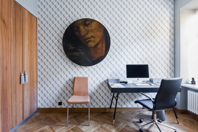 кабинет в современном стиле с отделкой стен обоями