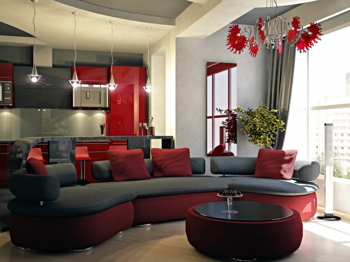 диван с красным текстилем и основанием