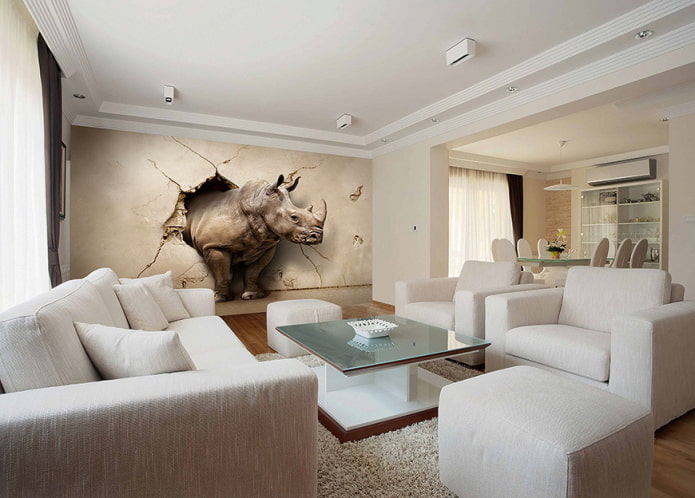 3д обои с носорогом в интерьере гостиной