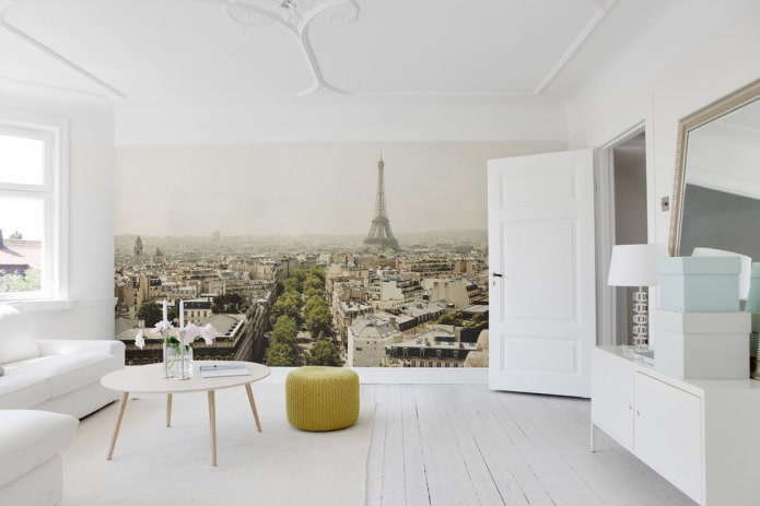 фотообои с изображением Парижа в интерьере гостиной