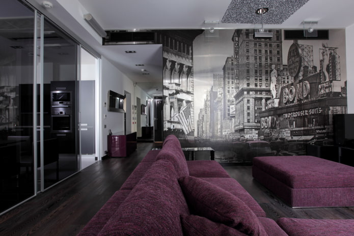 фотообои с изображением Нью-Йорка в интерьере гостиной