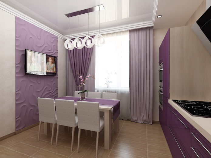 шторы в интерьере кухни в фиолетовых тонах