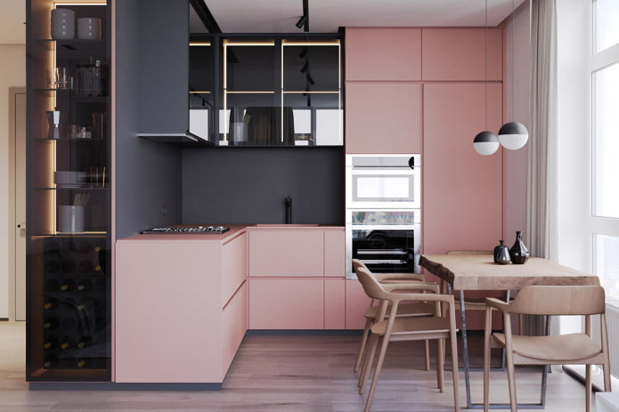 мебель и техника в интерьере кухни в розовых тонах