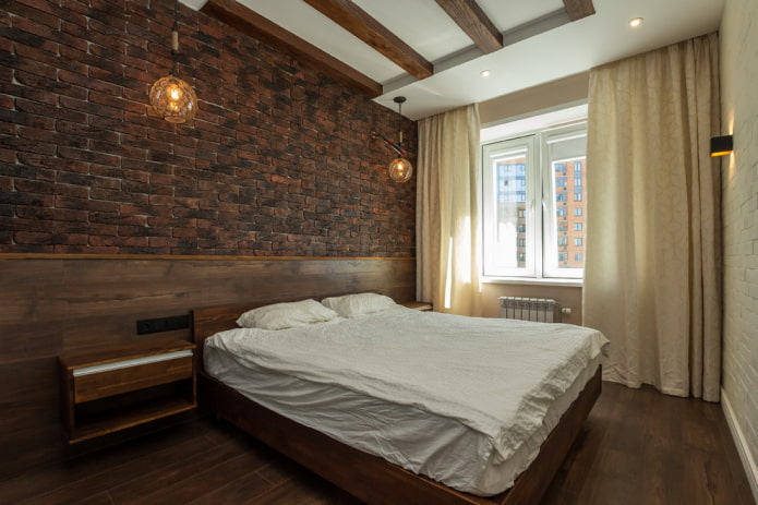 интерьер коричневой спальни в стиле лофт