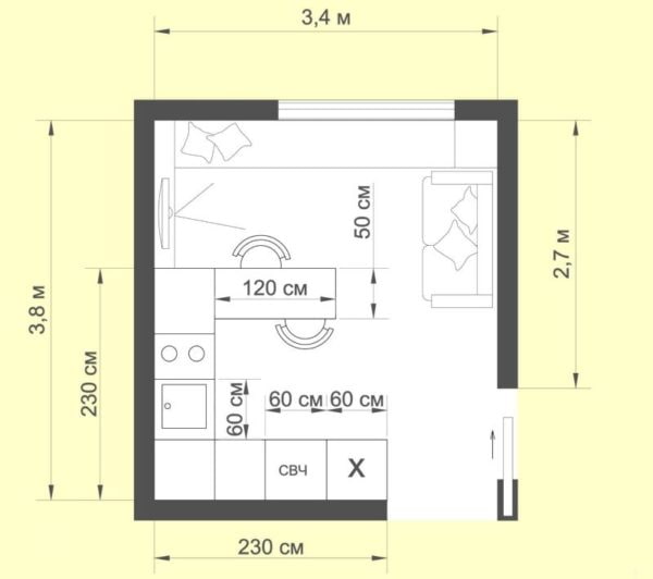 планировка кухни-гостиной площадью 12 квадратов