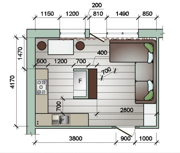 прямоугольная кухня-гостиная 16 квадратов