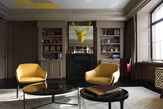 гостиная в скандинавском стиле с желтыми кожаными креслами