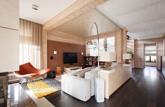 гостиная в дизайне деревянного дома из бруса