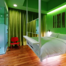 Зеленая спальня: оттенки, сочетания, выбор отделки, мебели, штор, освещения-0