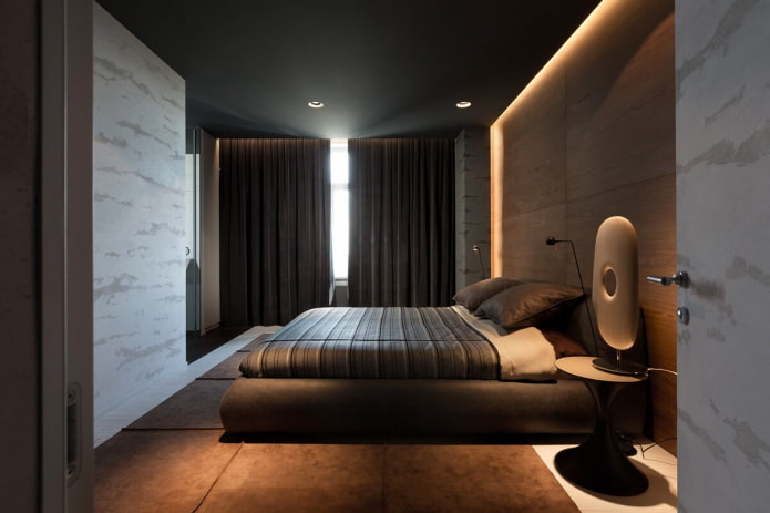минималистичная спальня с черным потолком