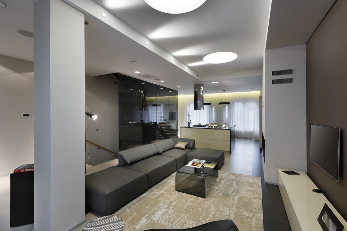 Серый интерьер гостиной в стиле хай-тек