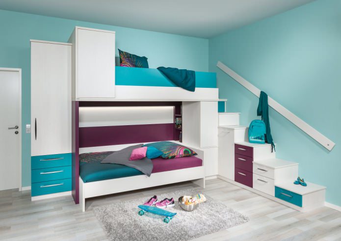 бирюзовый цвет в детской комнате для двоих детей