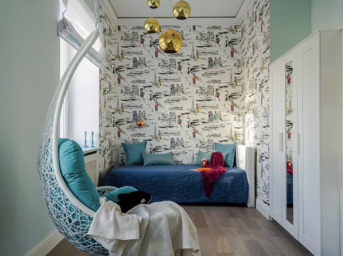 подвесное кресло в интерьере небольшой детской комнаты