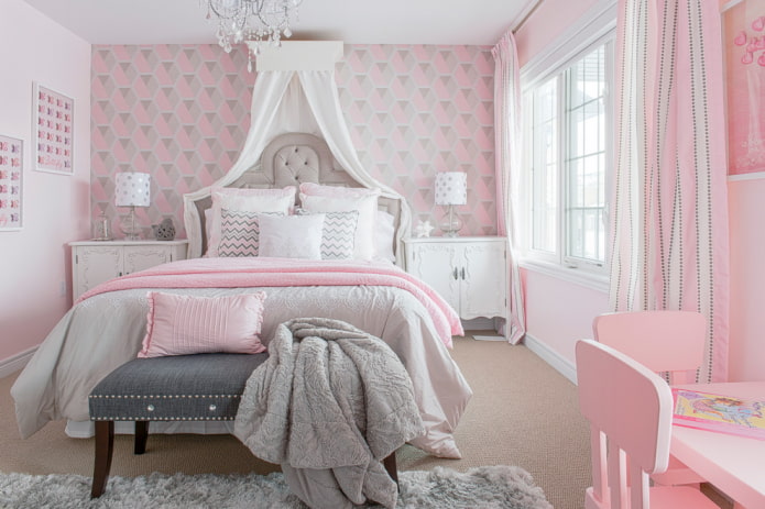 серо-розовые обои в спальне