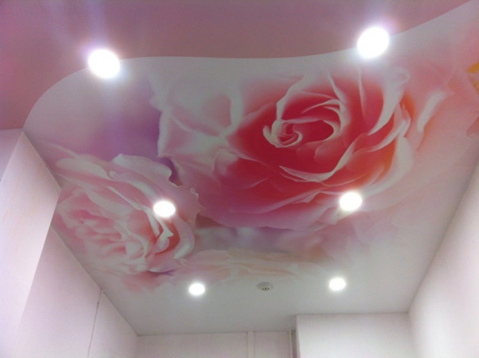 розовая потолочная конструкция с фотопечатью