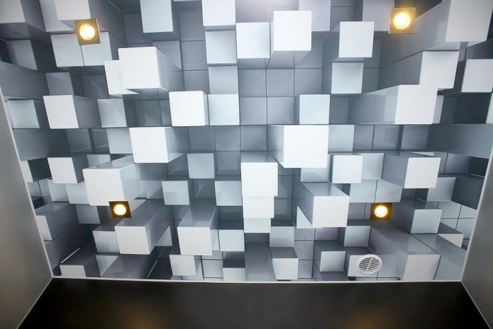 потолок с изображением объемных кубов