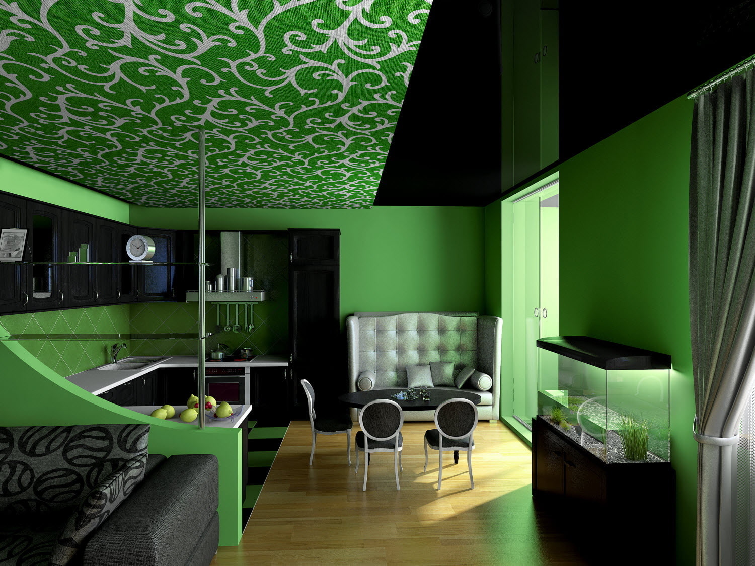Ремонт зеленые обои. Зеленый цвет в интерьере. Салатовый натяжной потолок. Зеленый натяжной потолок в интерьере. Черно зеленый интерьер.