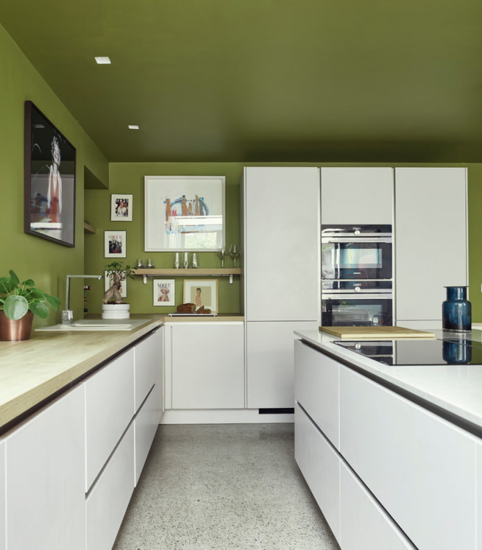 зеленое потолочное покрытие на кухне