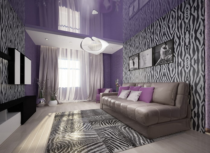 двухуровневый потолок фиолетового цвета в интерьере