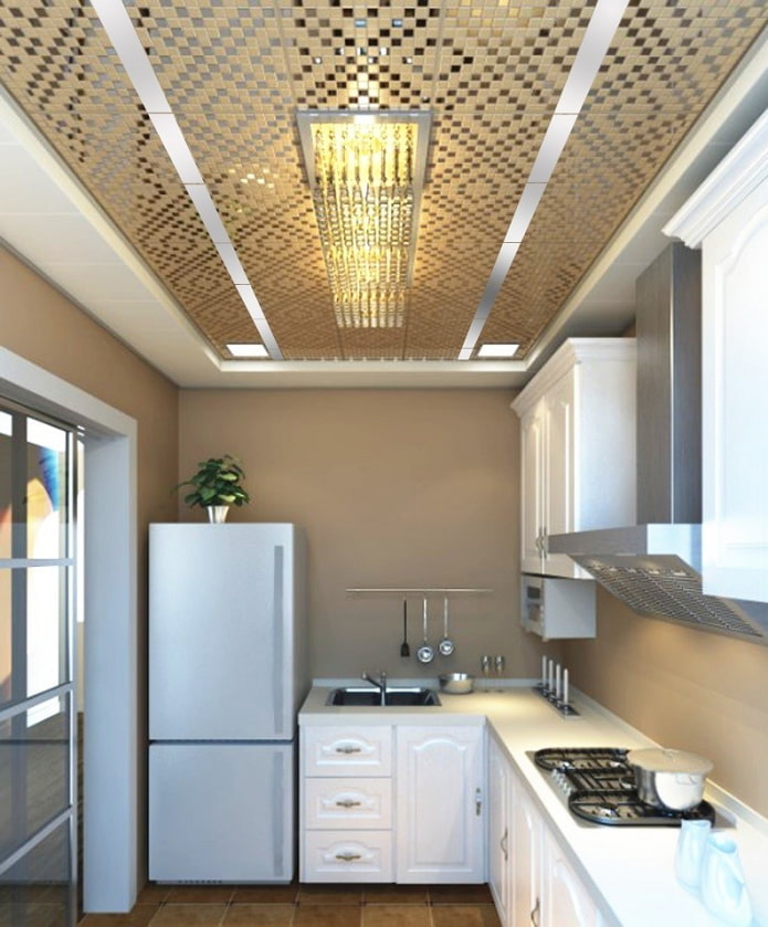 Серый потолок в интерьере на кухне