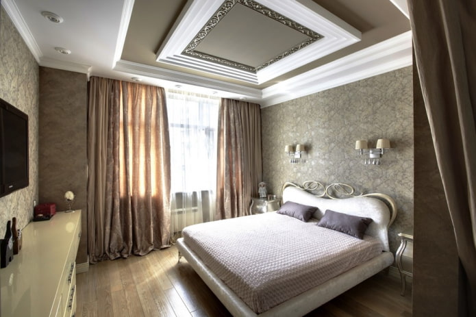 комбинированный потолок в интерьере спальни