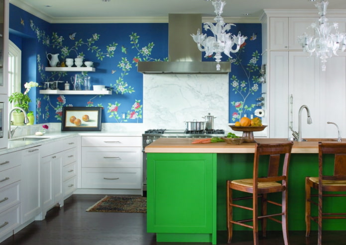 синие стены в интерьере кухни