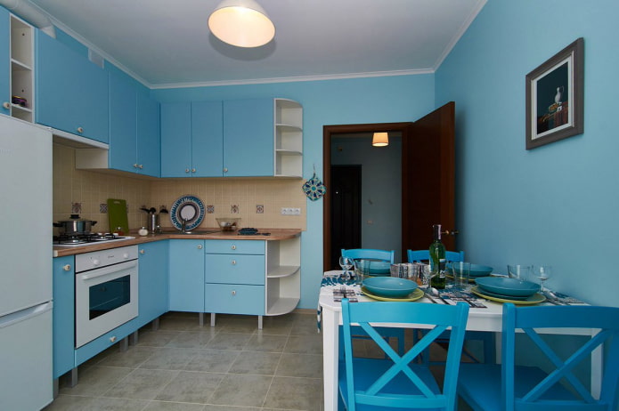 голубые стены в интерьере кухни