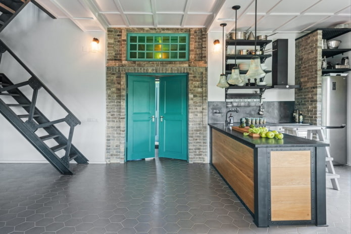 двери в интерьере кухни в стиле лофт