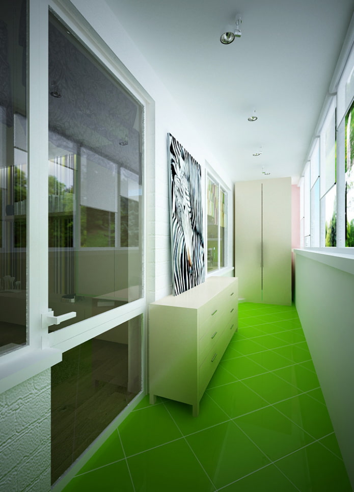 зеленая плитка на полу в интерьере балкона