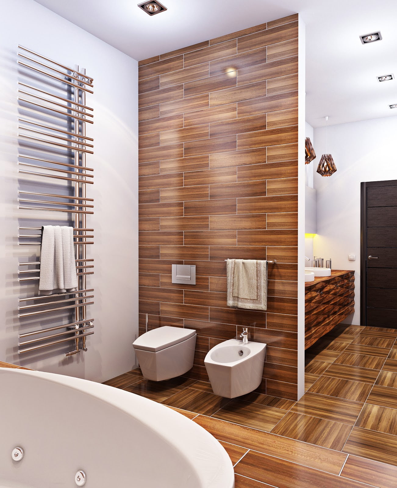Дизайн ванной комнаты с керамогранитом под дерево