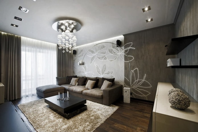 Коричневый диван в интерьере современной гостиной