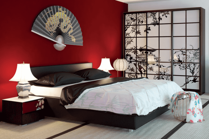 шкаф-купе в интерьере спальни в японском стиле
