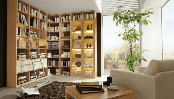 интерьерный книжный шкаф в гостиной