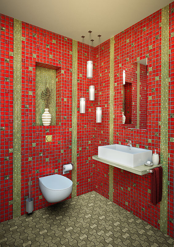 ванная комната в красно-зеленых оттенках