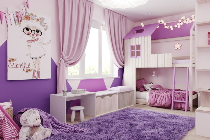 фиолетовая комната с домиком-кроватью