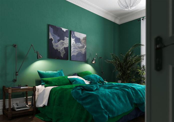 Zelena spavaća soba: sjenila, kombinacije, izbor završetka, namještaja, zavjesa, rasvjete