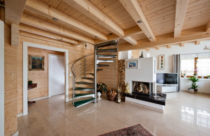 дизайн брусового дома с лестницей
