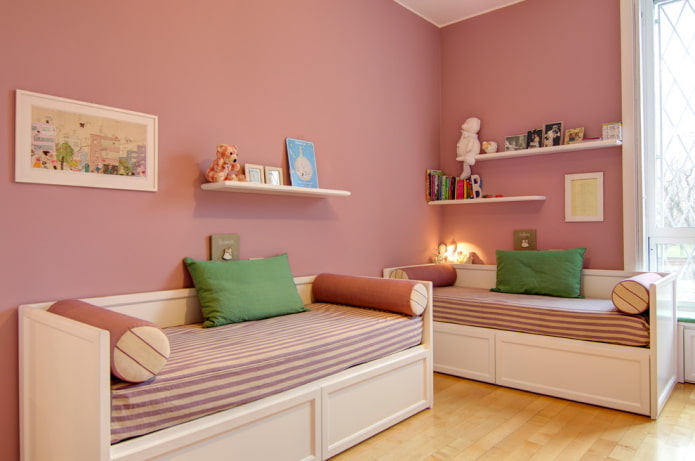 интерьер розовой спальной комнаты для двух девочек