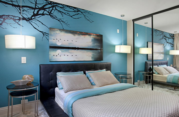 интерьер голубой спальни в современном стиле