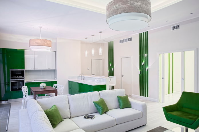 интерьер гостиной в бело-зеленых тонах