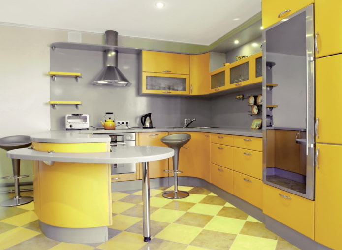 интерьер кухни в желто-серых тонах