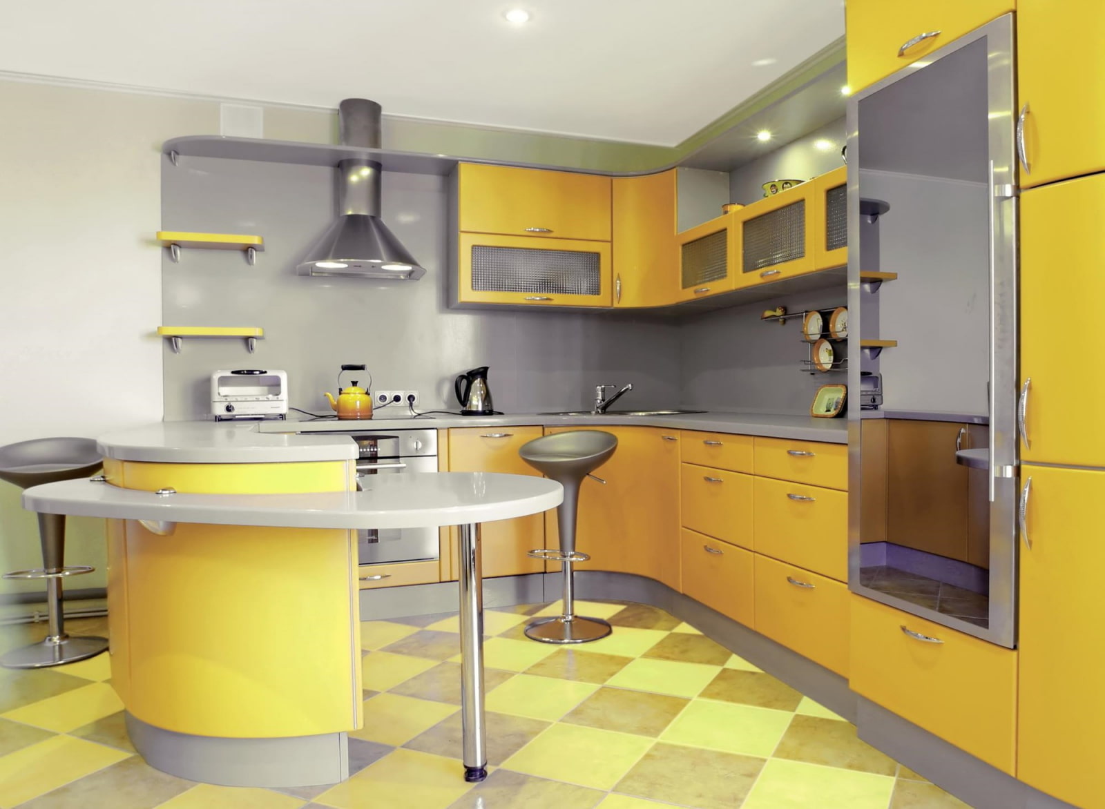 Желто серый интерьер кухни