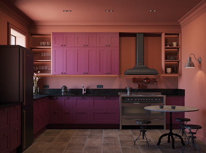 интерьер кухни в розово-сиреневых тонах